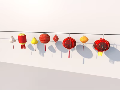 Colorful Chinese Lanterns Hanging On String With Various Colors And Patterns As Daily Living Items 3d model