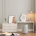 White Vanity Table With Curved Mirror Gold Lamp And Gray Stool On Wooden Floor