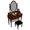 Classic Wooden Dressing Table With Oval Mirror Stool Cosmetics And Potted Plant
