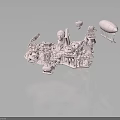 Pink Fantasy Architecture 3D Model Featuring Towers Airship Mechanical Structures And Miniature Design