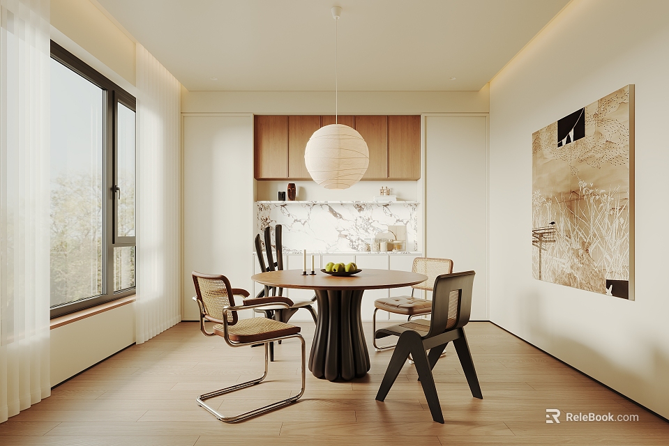 Modern Restaurant Interior With Round Dining Table Chairs Pendant Light And Wooden Flooring 3d model 