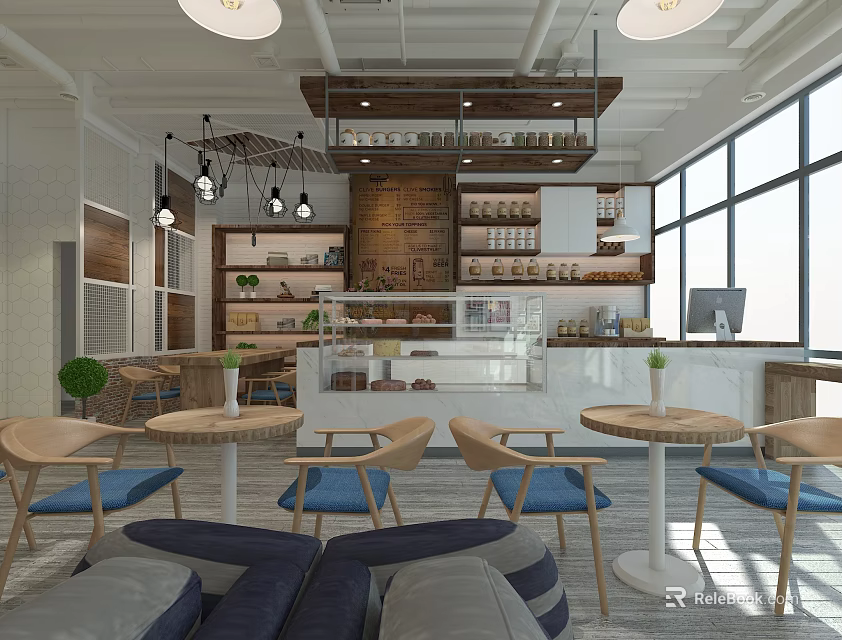 Modern Milk Tea Shop Interior With Bar Counter Tables Chairs Shelves And Lighting 3d model 