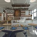 Modern Milk Tea Shop Interior With Bar Counter Tables Chairs Shelves And Lighting
