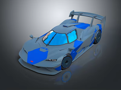 Blue And Gray Streamlined Race Car With Rear Wing And Aerodynamic Body 3d model