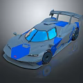 Blue And Gray Streamlined Race Car With Rear Wing And Aerodynamic Body