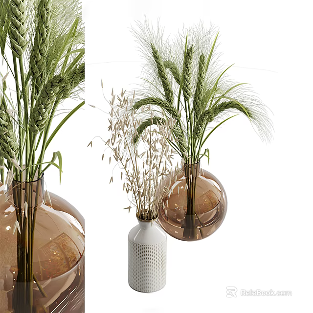 Brown Glass Vase With Wheat Stems And White Textured Vase With Dried Grasses 3d model 