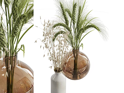 Brown Glass Vase With Wheat Stems And White Textured Vase With Dried Grasses 3d model