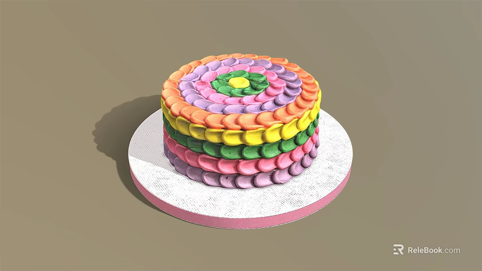 Colorful Layered Cake With Round Petal Decorations On White Plate Pink Base 3d model 