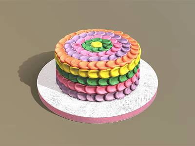 Colorful Layered Cake With Round Petal Decorations On White Plate Pink Base 3d model