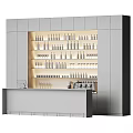 Modern Commercial Equipment with Wooden Wine Racks Various Bottles Wine Glasses and Orange Counter