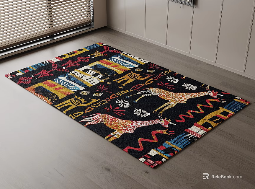 Square Rug With Giraffe Patterns Geometric Designs And Vibrant Colors On Black Background 3d model 