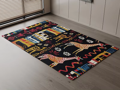 Square Rug With Giraffe Patterns Geometric Designs And Vibrant Colors On Black Background 3d model