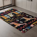 Square Rug With Giraffe Patterns Geometric Designs And Vibrant Colors On Black Background