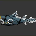 Blue Shark With Yellow Nose Open Mouth Sharp Teeth Black Stripes And White Accents