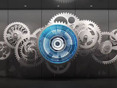 Modern Wall Decor Featuring Silver Gears And Blue Circular Centerpiece On Dark Background 3d model