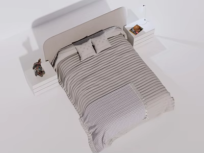 Light Gray Children's Bed Striped Bedding Upholstered Headboard White Nightstands Animal Decor Lamp And Book 3d model