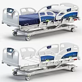 Adjustable Medical Bed with Blue Mattress White Frame Side Rails and Control Panel on Wheels