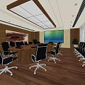 Modern Conference Room Interior With Long Table Black Chairs Large Screen And Wooden Decor