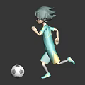 Green Haired Character In Teal Sports Outfit Kicking Black And White Soccer Ball