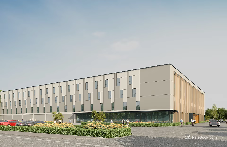 Industrial Warehouse Building With Modern Design Multiple Large Windows And Green Surroundings 3d model 