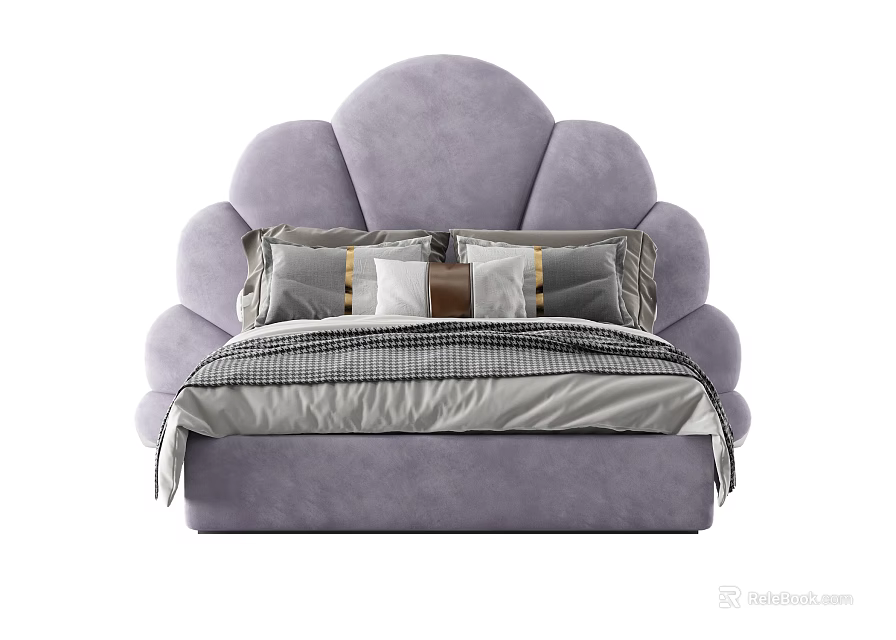 Modern Purple Double Bed With Petal Shaped Headboard And Soft Bedding 3d model