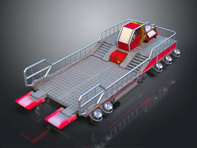 Red And Gray Pontoon Boat With Flat Deck Metal Railing And Control Cabin 3d model