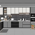 Modern Kitchen Interior With Gray Cabinets Dark Countertop Island And Appliances