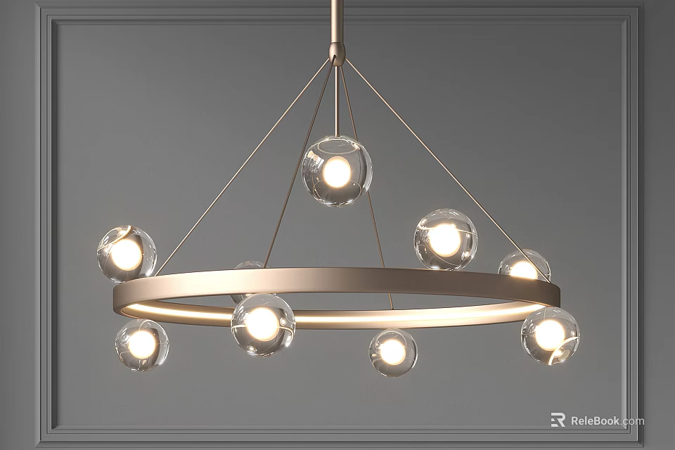 Modern Chandelier With Metal Ring And Illuminated Transparent Spherical Glass Bulbs 3d model 