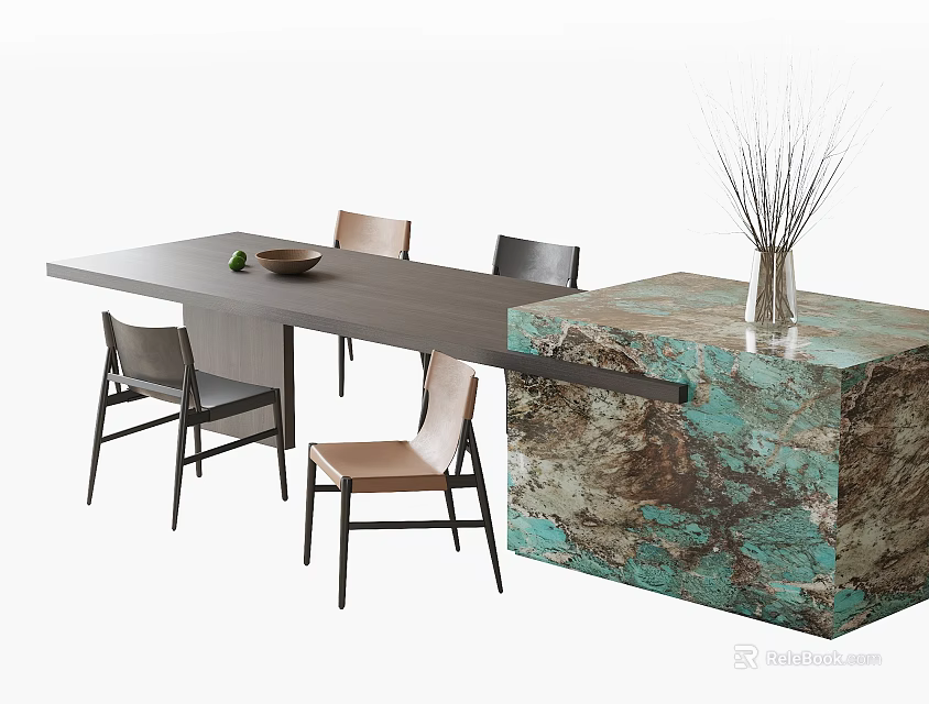 Modern Dining Table And Chairs Set With Wooden Top Teal Marble Counter And Mixed Color Chairs 3d model 