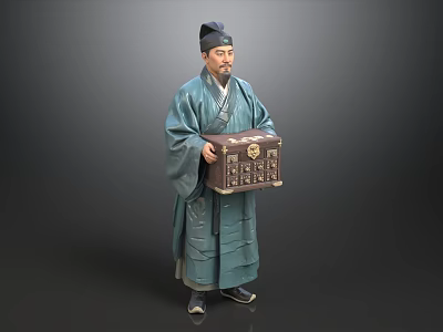 A Man In Traditional Blue Robe With Hat Holding Decorative Wooden Box 3d model