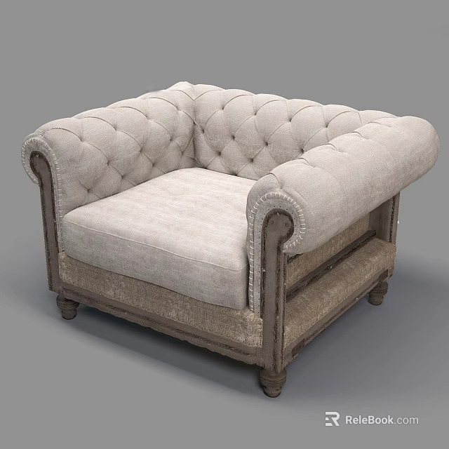 Classic Single Sofa With Tufted Design Light Beige Fabric And Wooden Armrests Legs 3d model 