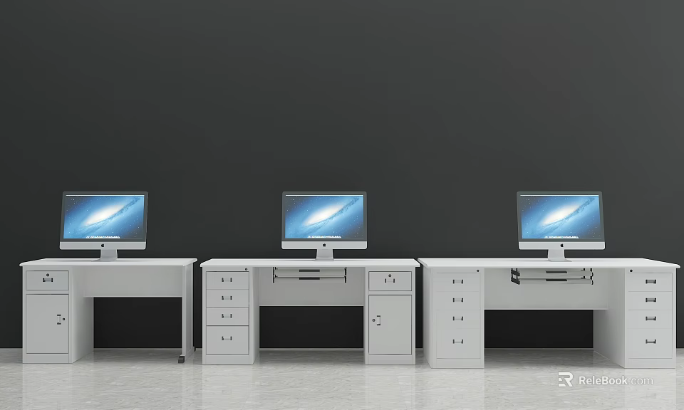 White Office Desks with Computer Monitors Drawers and Cabinets Against Gray Background Wall 3d model 