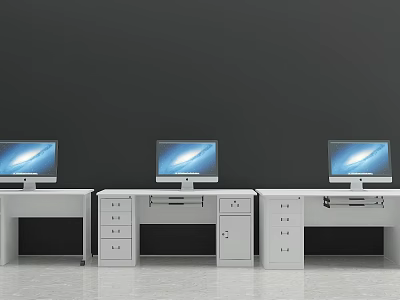 White Office Desks with Computer Monitors Drawers and Cabinets Against Gray Background Wall 3d model