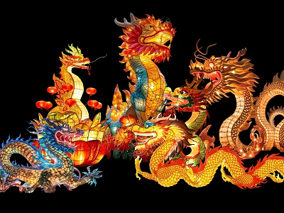 Vibrant Dragon Themed Landscape Sculpture With Colorful Lanterns And Intricate Designs 3d model