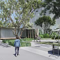 Modern Residential Landscape With Entrance Gate Buildings Green Plants And People Walking