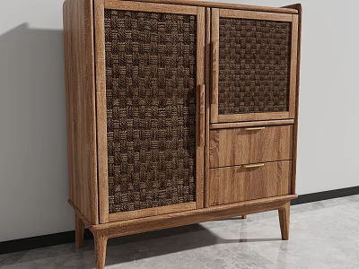Modern Natural Wooden Sideboard Cabinet With Woven Panel Doors And Drawers 3d model