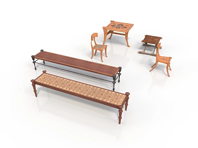 Wooden Furniture Set Featuring Benches Tables And Chairs With Woven Seat Details 3d model
