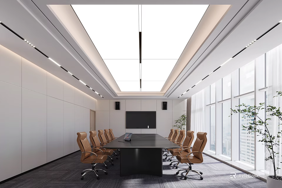 Modern Conference Room With Long Table Brown Chairs Ceiling Lighting And City View Windows 3d model 