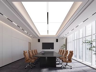 Modern Conference Room With Long Table Brown Chairs Ceiling Lighting And City View Windows 3d model