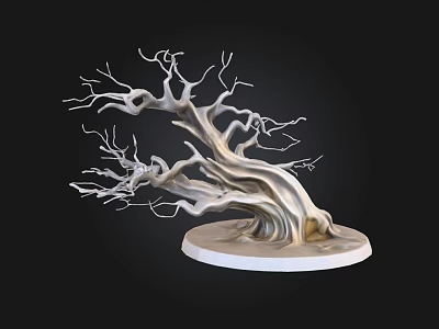 Silver Tree Sculpture with Twisted Branches on White Circular Base Decorative Art 3d model