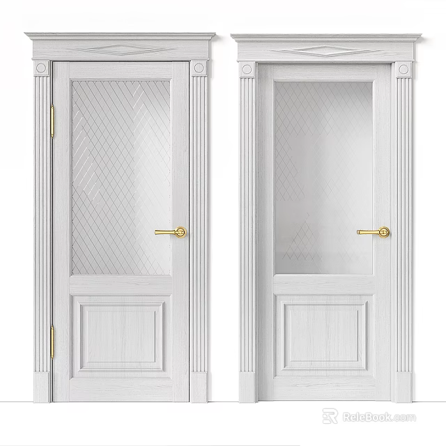 White Swing Doors Featuring Golden Handles Glass Panels and Decorative Frames 3d model