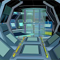 Blue Sci-Fi Interior With Transparent Glass Structure Hexagonal Frames Illuminated Panels And Yellow Handrail Walkway 3d model