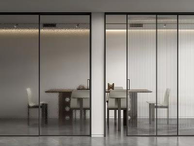 Modern Glass Sliding Doors In Dining Area Interior With Wooden Table And Chairs 3d model