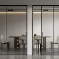 Modern Glass Sliding Doors In Dining Area Interior With Wooden Table And Chairs
