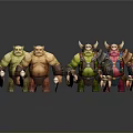 Four Different Colored Orc Characters With Horns And Weapons On Black Background With Reflections