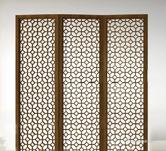 Wooden Room Divider With Geometric Lattice Design And Three Panel Folding Structure 3d model