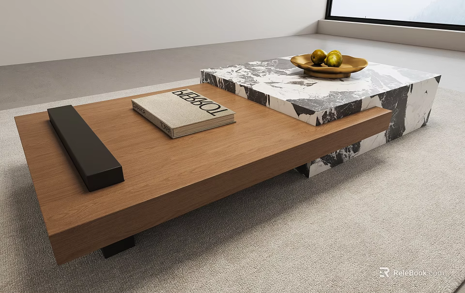 Modern Coffee Table With Wooden And Marble Top Featuring Book And Fruit Bowl 3d model 