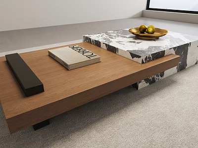 Modern Coffee Table With Wooden And Marble Top Featuring Book And Fruit Bowl 3d model
