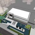 Modern Sales Office Building Featuring Glass Curtain Walls Water Feature Sculptures and Landscaping