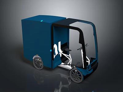 Blue Electric Three Wheeled Cargo Motorcycle With Large Storage Box And Transparent Windshield 3d model